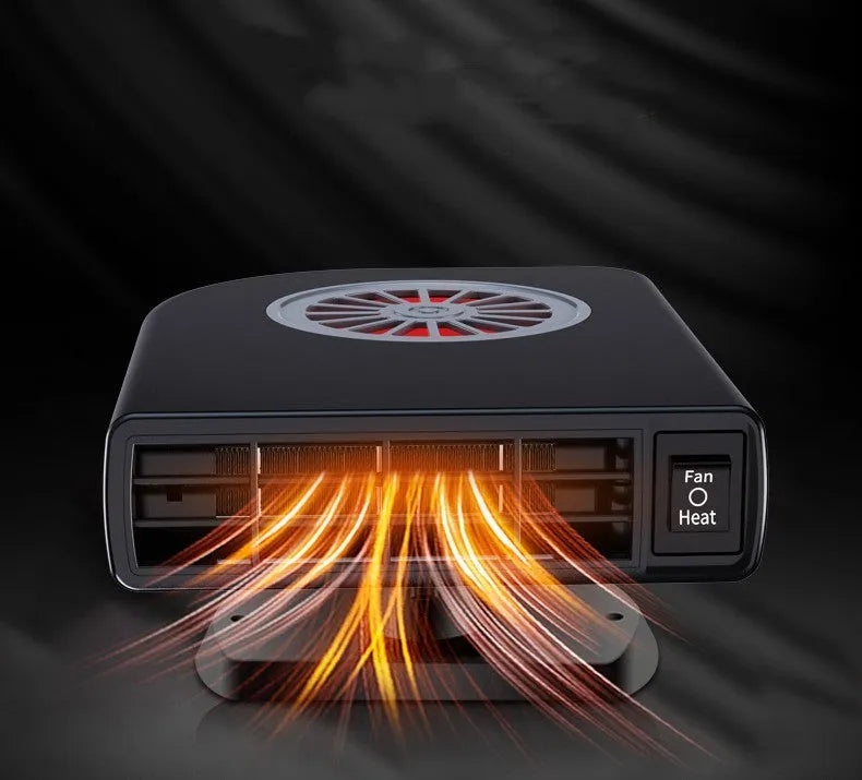 Compact black ABS plastic vehicle-mounted heater with adjustable vents on a car dashboard.