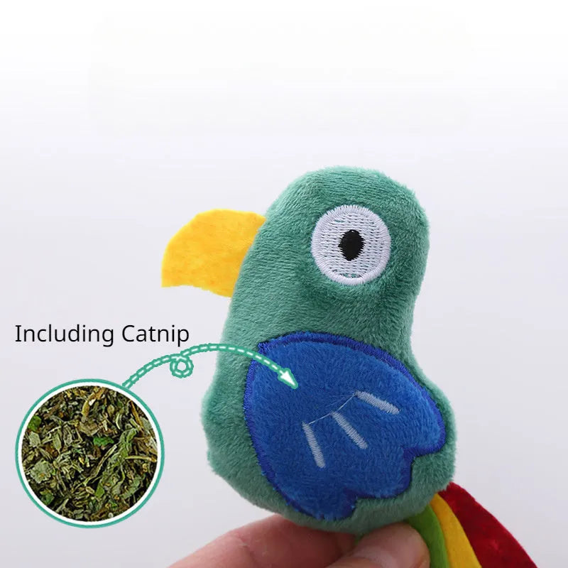 Soft plush cat toy in cow or parrot shape with catnip for interactive bite-resistant play