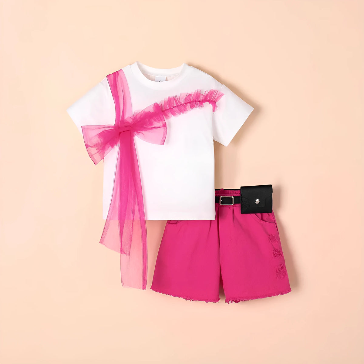 Girls rose red short-sleeved T-shirt, denim shorts and belt set for heights 4Y to 7Y