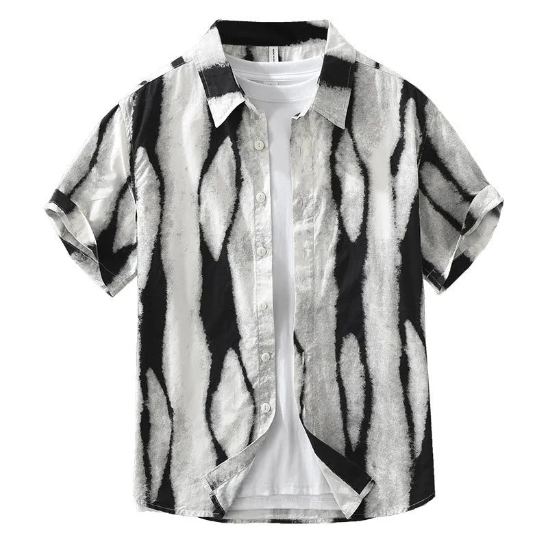 Retro striped black and brown short sleeve cotton shirt with a cardigan-style loose fit.