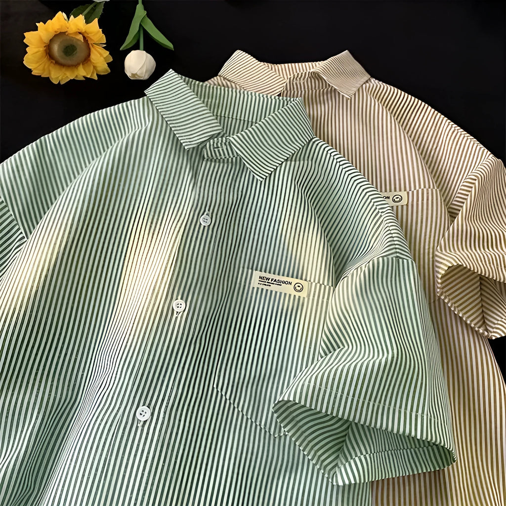 Blue and green striped loose plus size half sleeve shirt in cardigan style