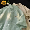 Blue and green striped loose plus size half sleeve shirt in cardigan style