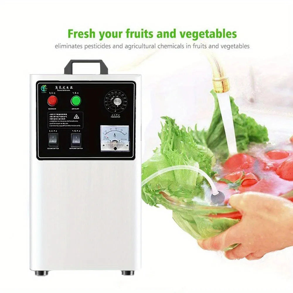 White or stainless steel air-cooled ozone generator for sanitising fruits and vegetables on a kitchen countertop.
