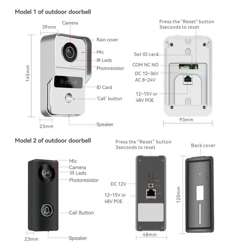 1080P video intercom doorbell system with outdoor camera unit and indoor display monitor