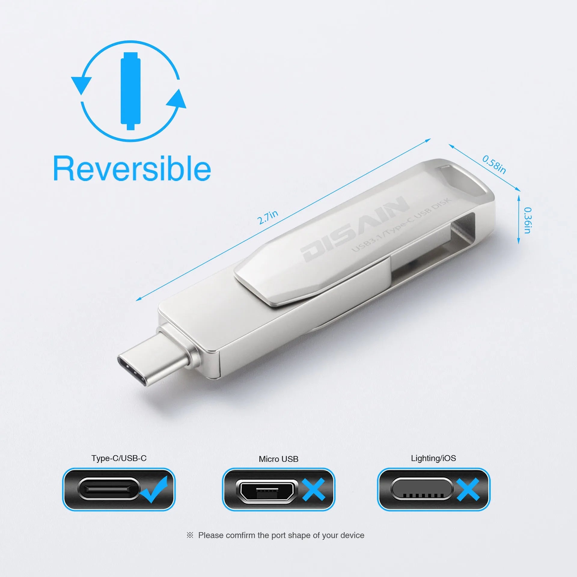 New Typec metal rotating USB 3.0 flash drive in Pearl Nickel with USB-C connector