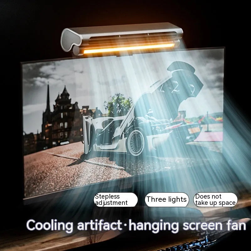 Black USB-powered clip-on bladeless fan with LED light attached to a laptop screen.