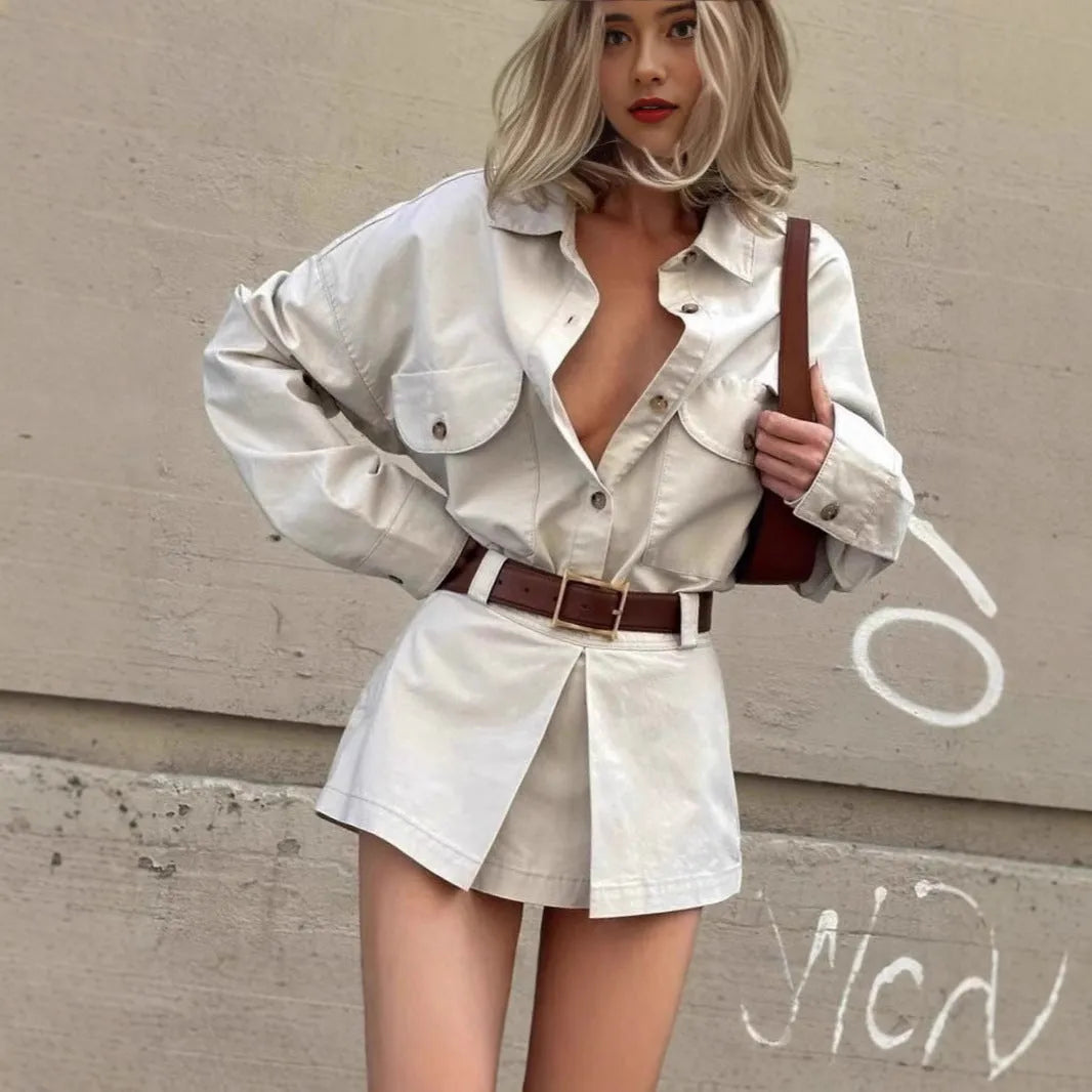 Gray long sleeve button front shirt dress with fake pocket and low waist short skirt in street style