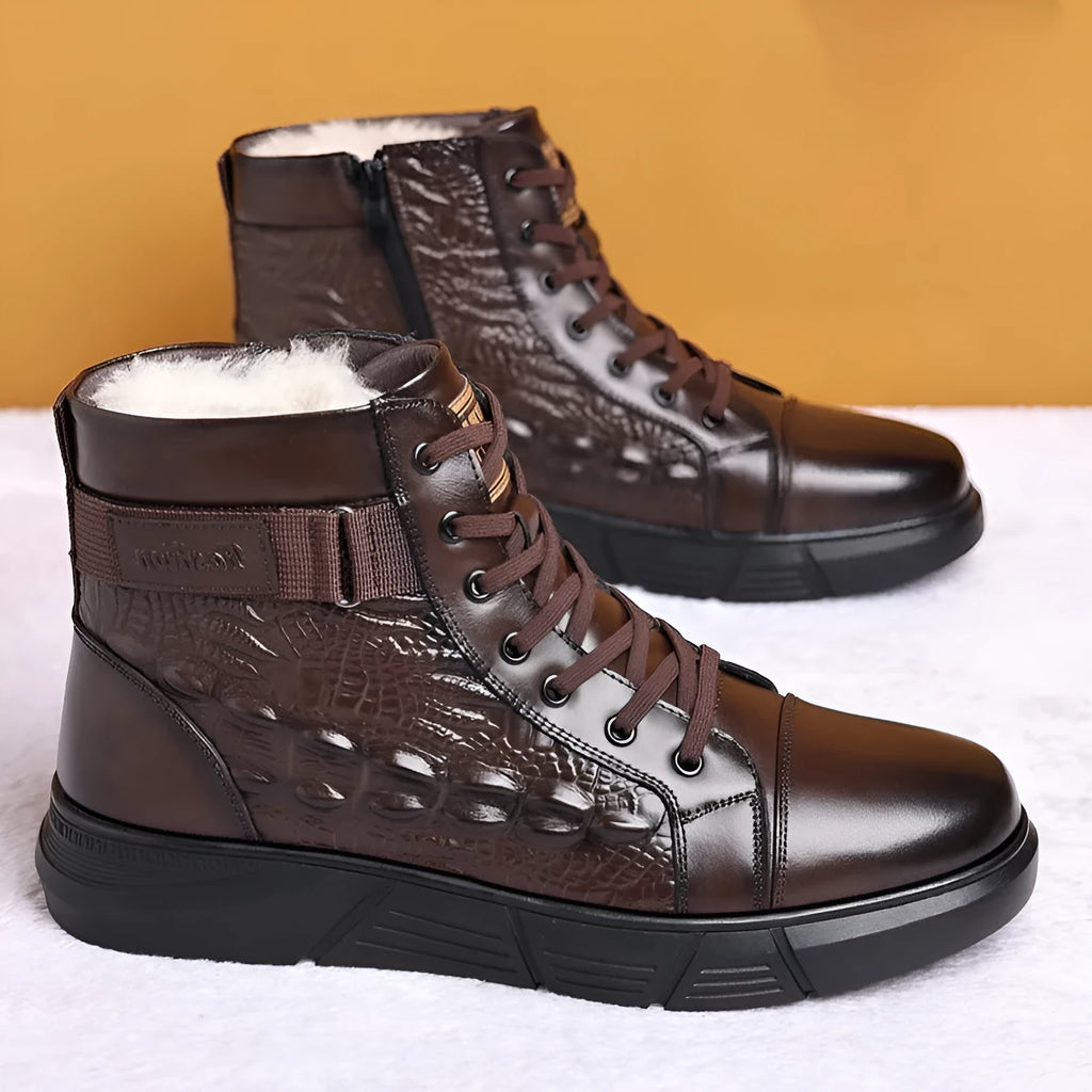 Genuine leather winter boots with snow cotton fur lining and rubber sole in black velvet style