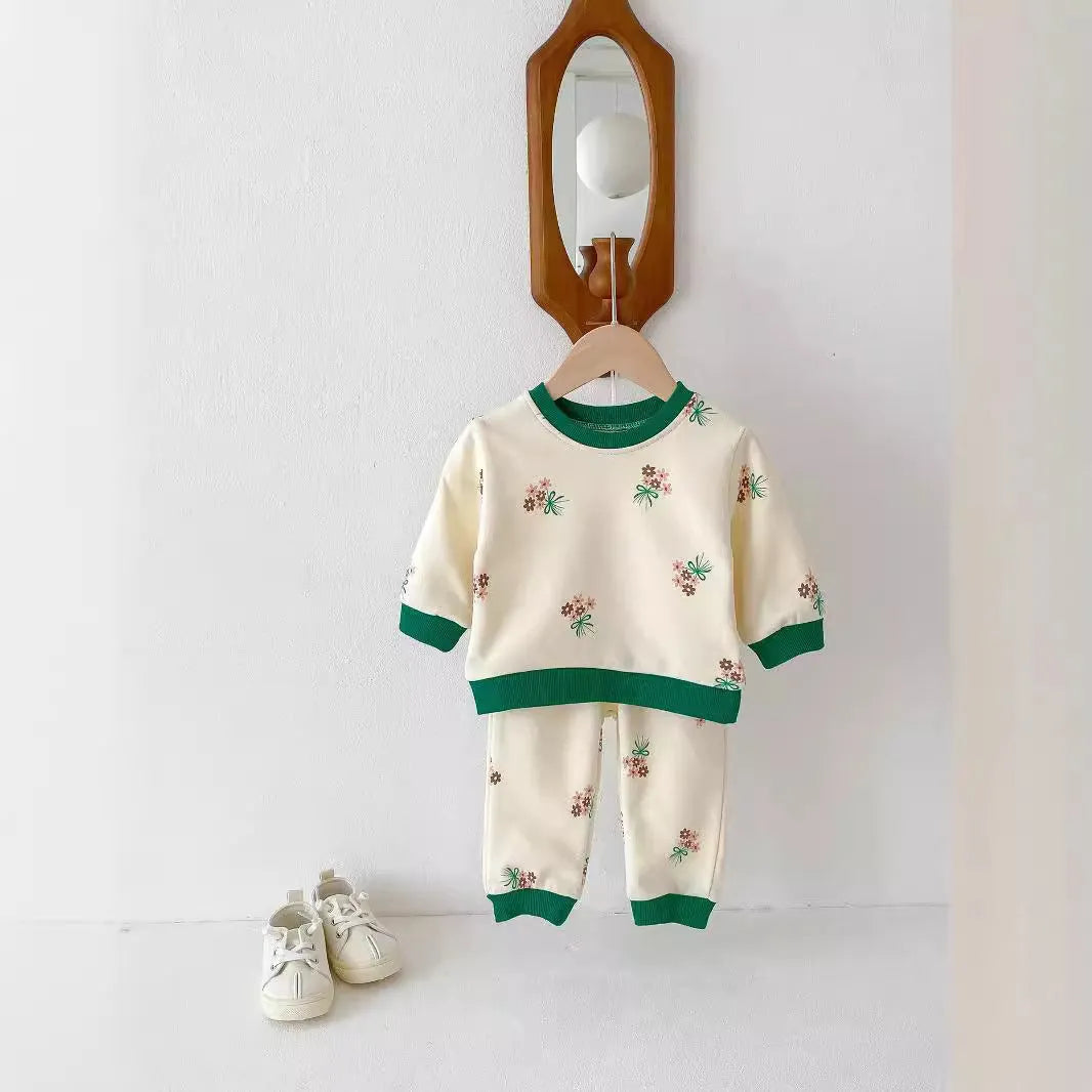 Baby western style small flower suit green cotton long sleeve shirt and pants set pullover