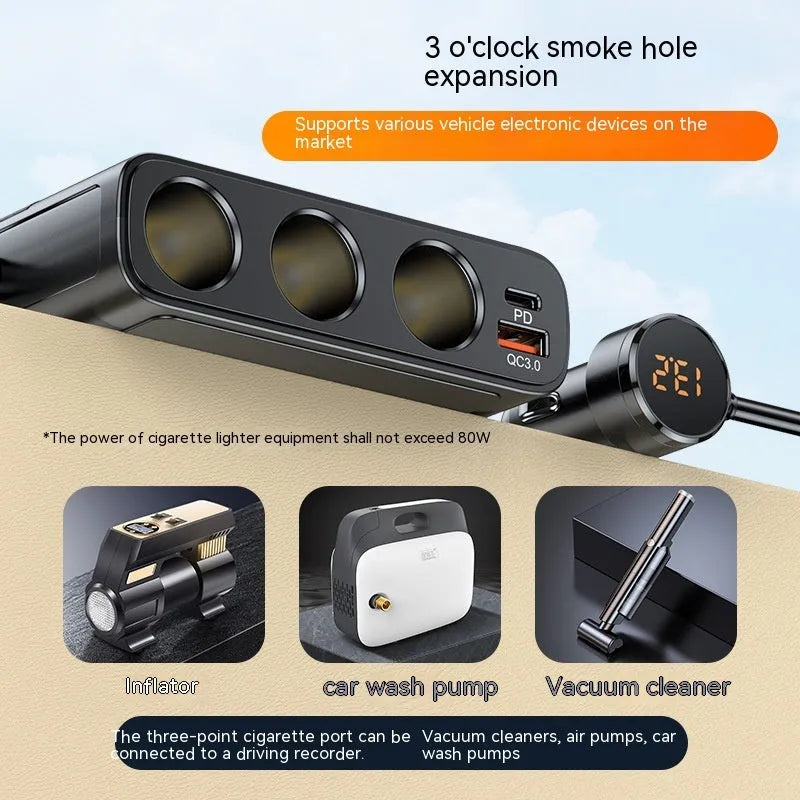 Black car USB charging adapter with multiple ports showing cigarette lighter plug and 1 metre cable