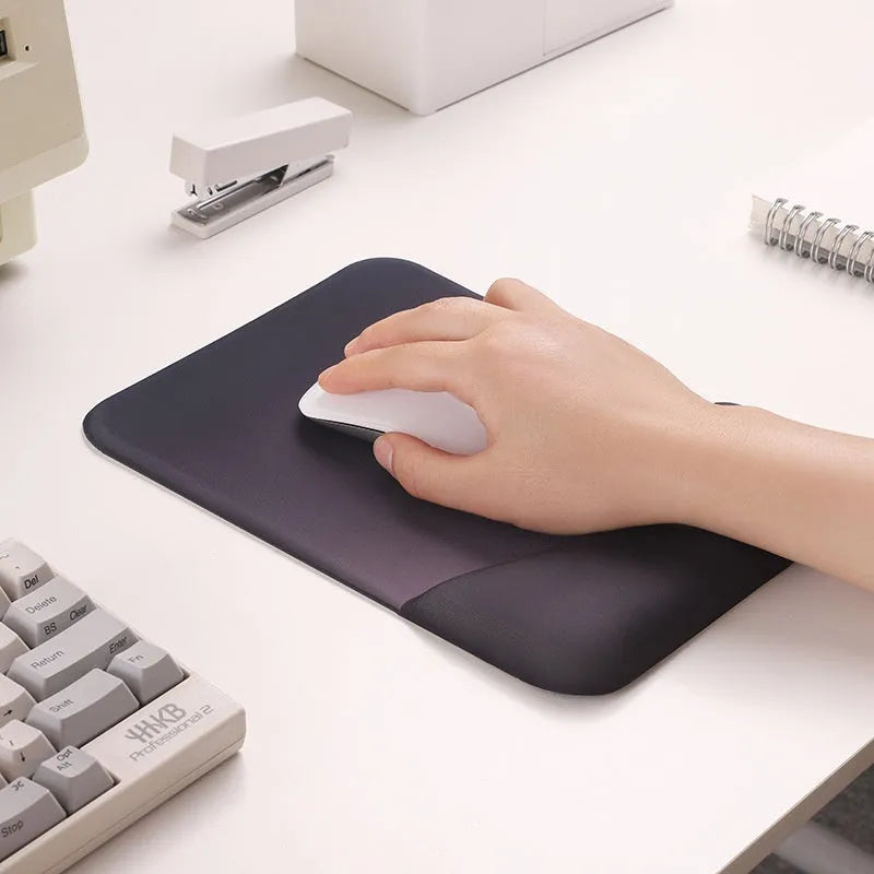 Square cloth mouse pad with silicone gel wrist rest in black, blue, pink or purple patterns