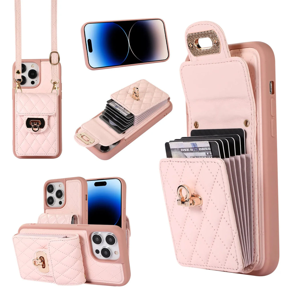Black PU TPU back cover phone case with card holder slot and long lanyard for iPhone