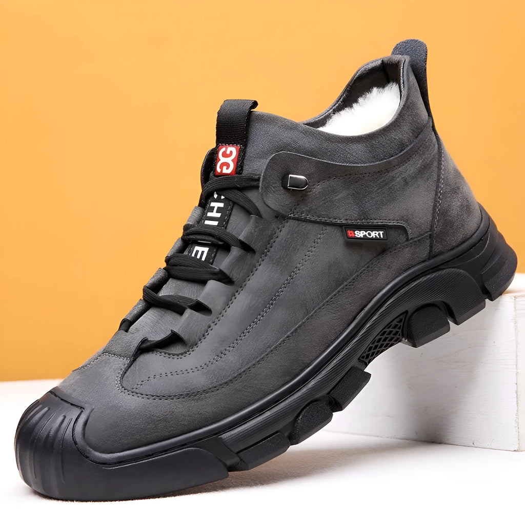 Men's winter snow boots with cowhide upper, wool cashmere lining, non-slip rubber sole, chunky heel, black plus velvet colour