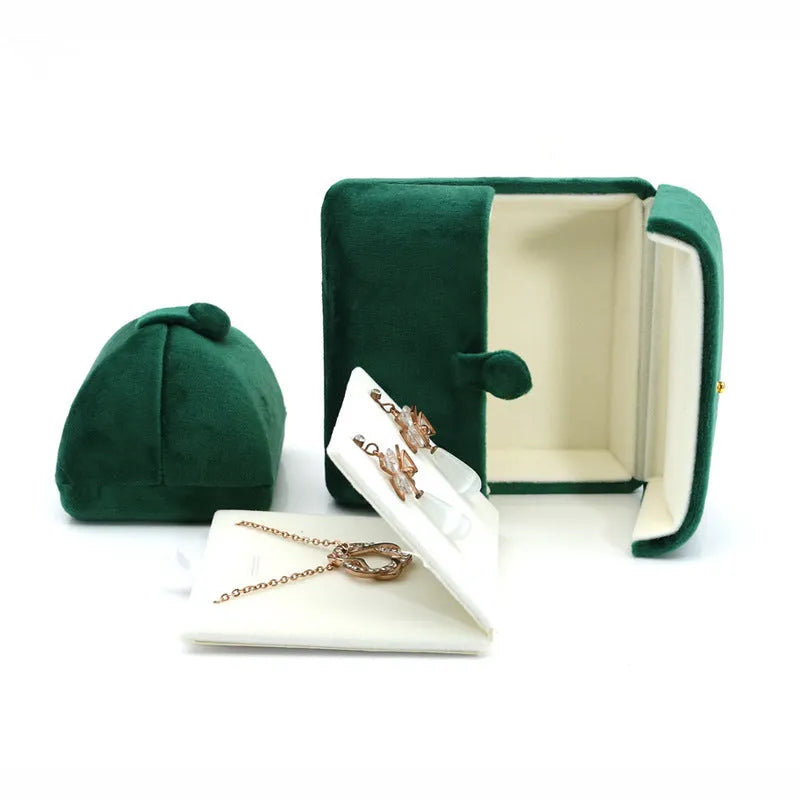 Dark green super soft flannel double ring box with gold plating, peacock green colour, open with rings inside