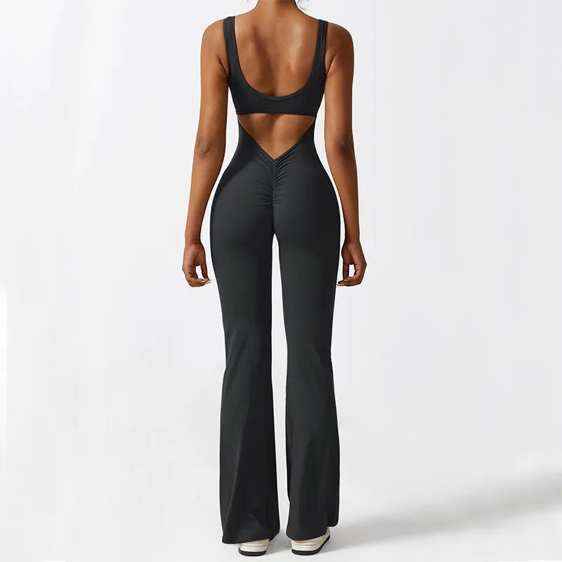 Women's sleeveless flare jumpsuit yoga pants in high-elasticity polyester