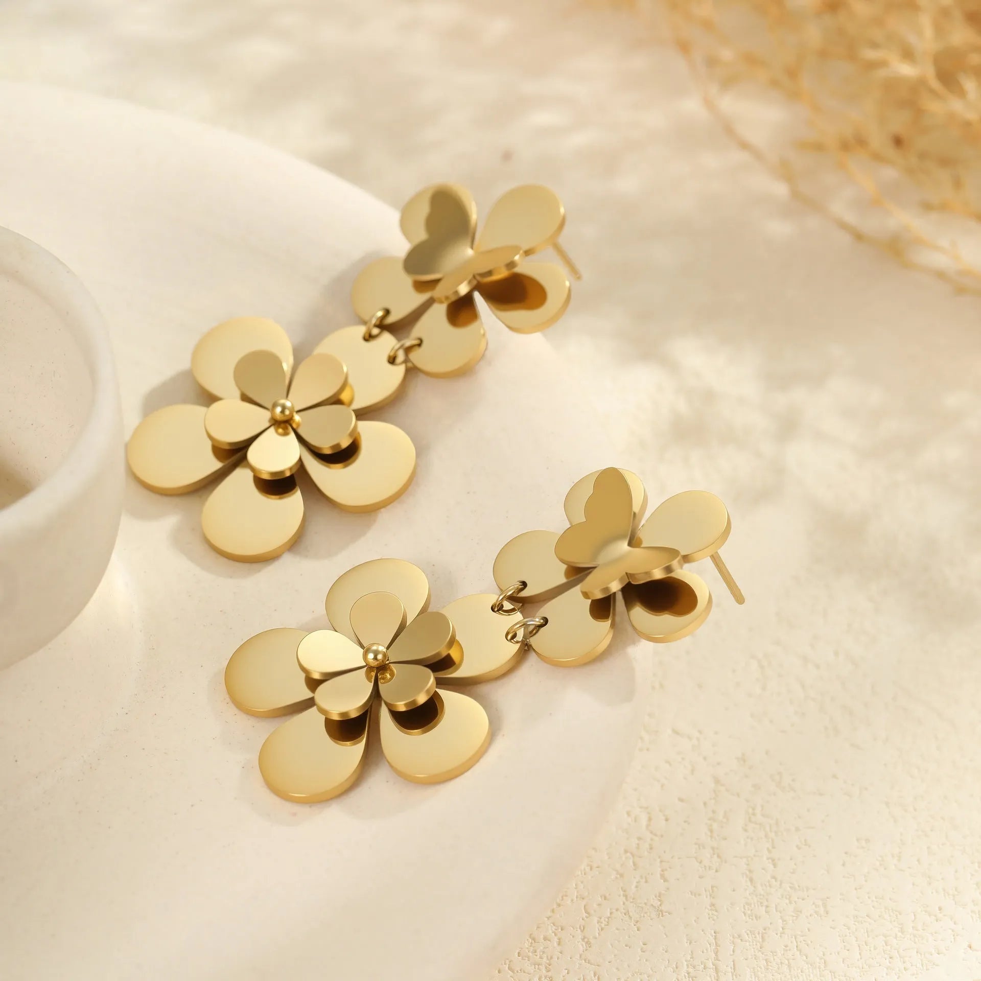 Gold electroplated flower butterfly earrings for women with stainless steel construction