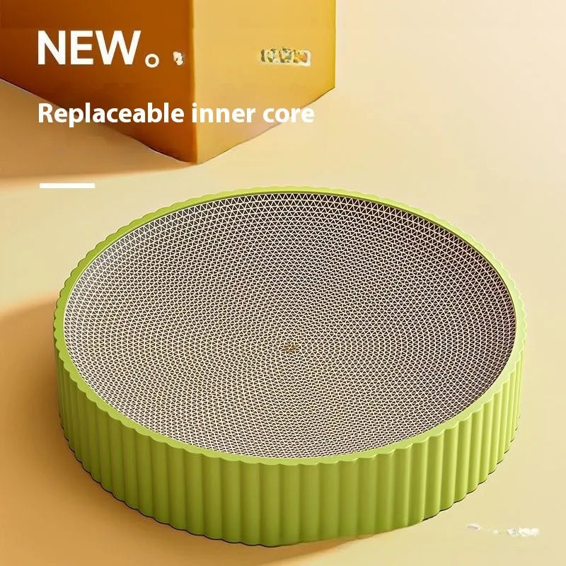 Green round cat scratching board made of corrugated cardboard, 55cm diameter.