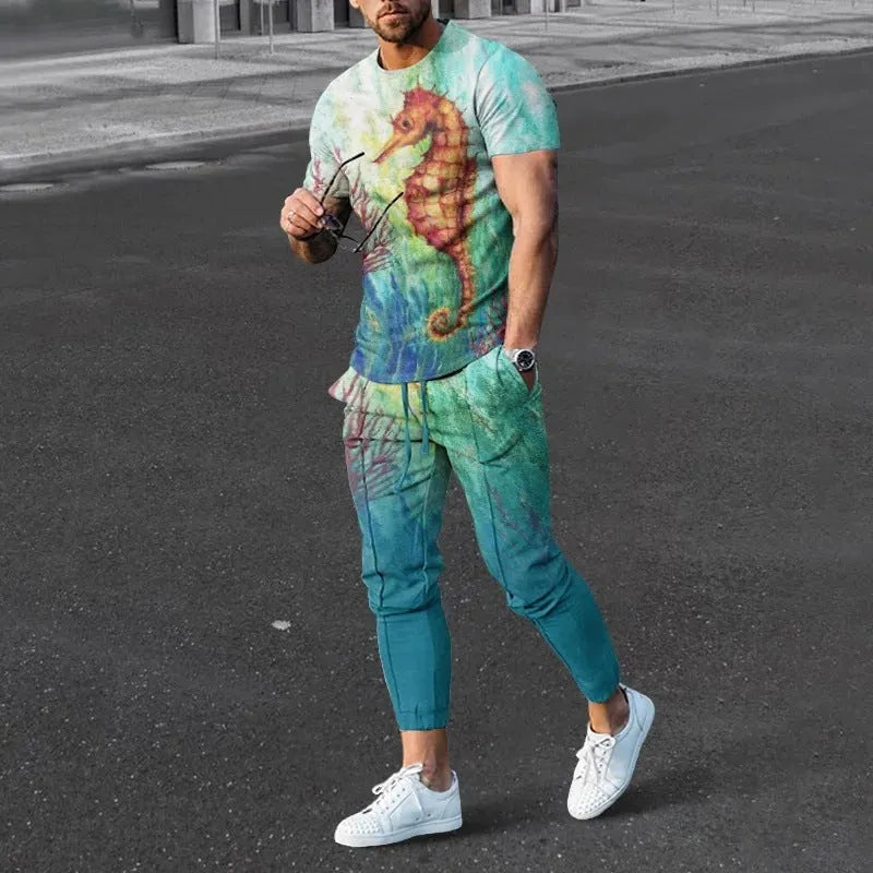 Man wearing a short-sleeved printed polyester tracksuit set for sports.
