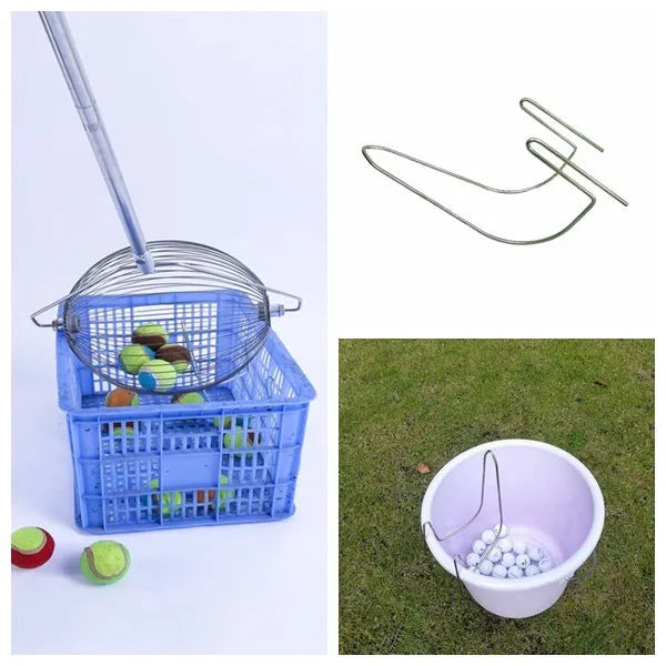 A metallic-coloured stainless steel golf ball picker or retriever tool on a green background.