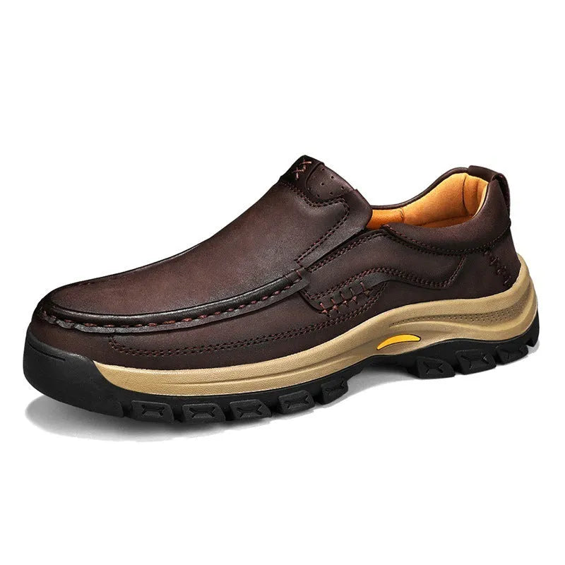 Men's black mountaineering shoes with thick rubber soles and stitched PU leather upper