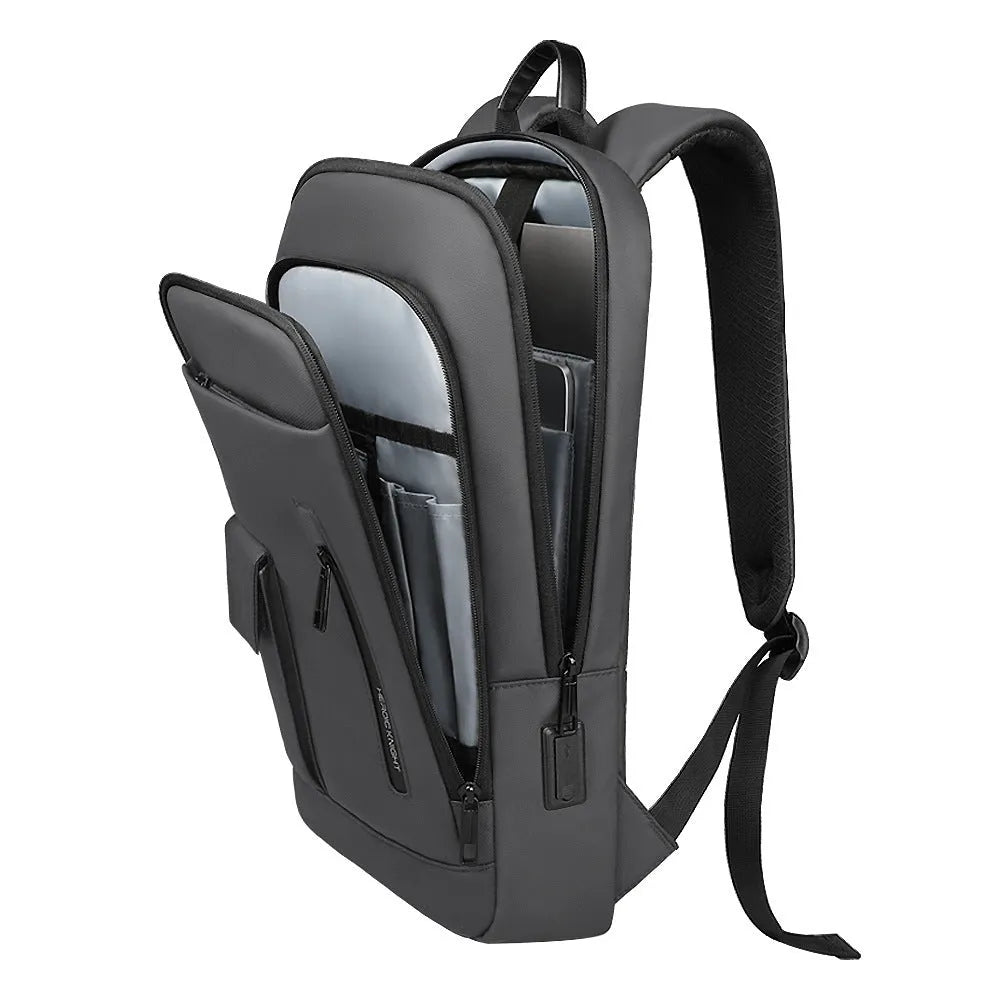 Lightweight Oxford cloth business travel backpack for men in dark grey colour with sewing line details