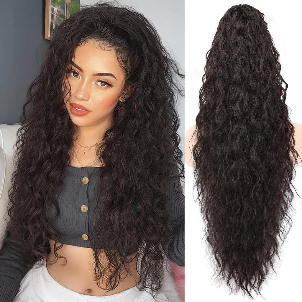 Long, fluffy curly synthetic ponytail wig in a high temperature fibre, shown in a 30-inch length.