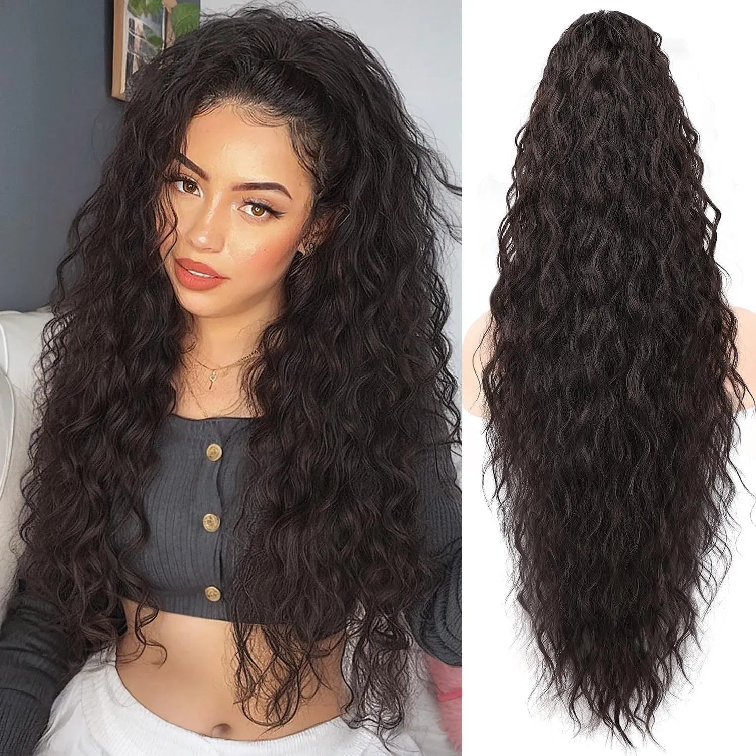 Long, fluffy curly synthetic ponytail wig in a high temperature fibre, shown in a 30-inch length.