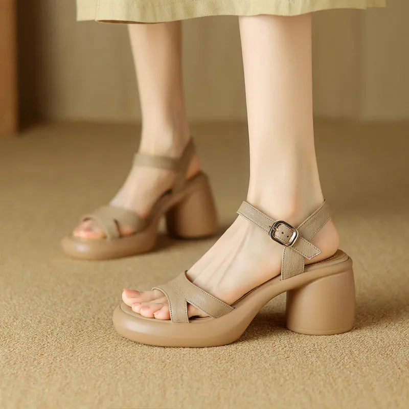 Women's apricot open toe platform sandals with a round toe holder and a thick light-coloured rubber sole.