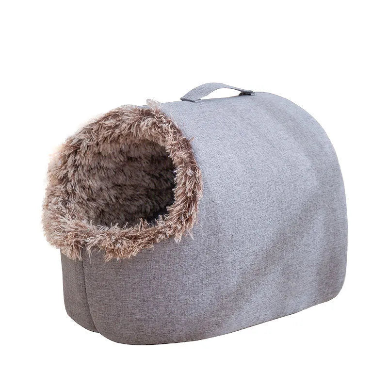 Grey fleece-lined enclosed cat sleeping bag bed for winter, shown next to brown colour option.
