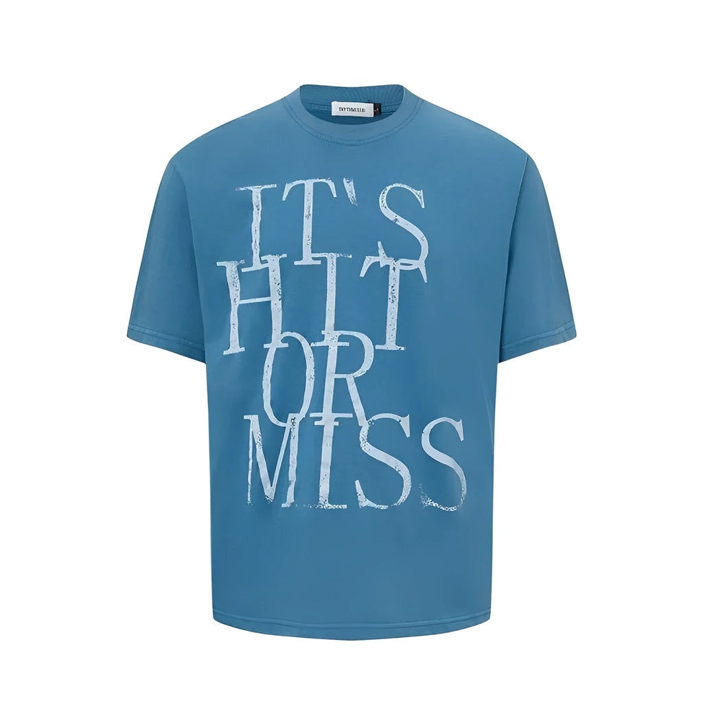 Men's blue American-style letter printed cotton blend T-shirt with round neck and loose fit design