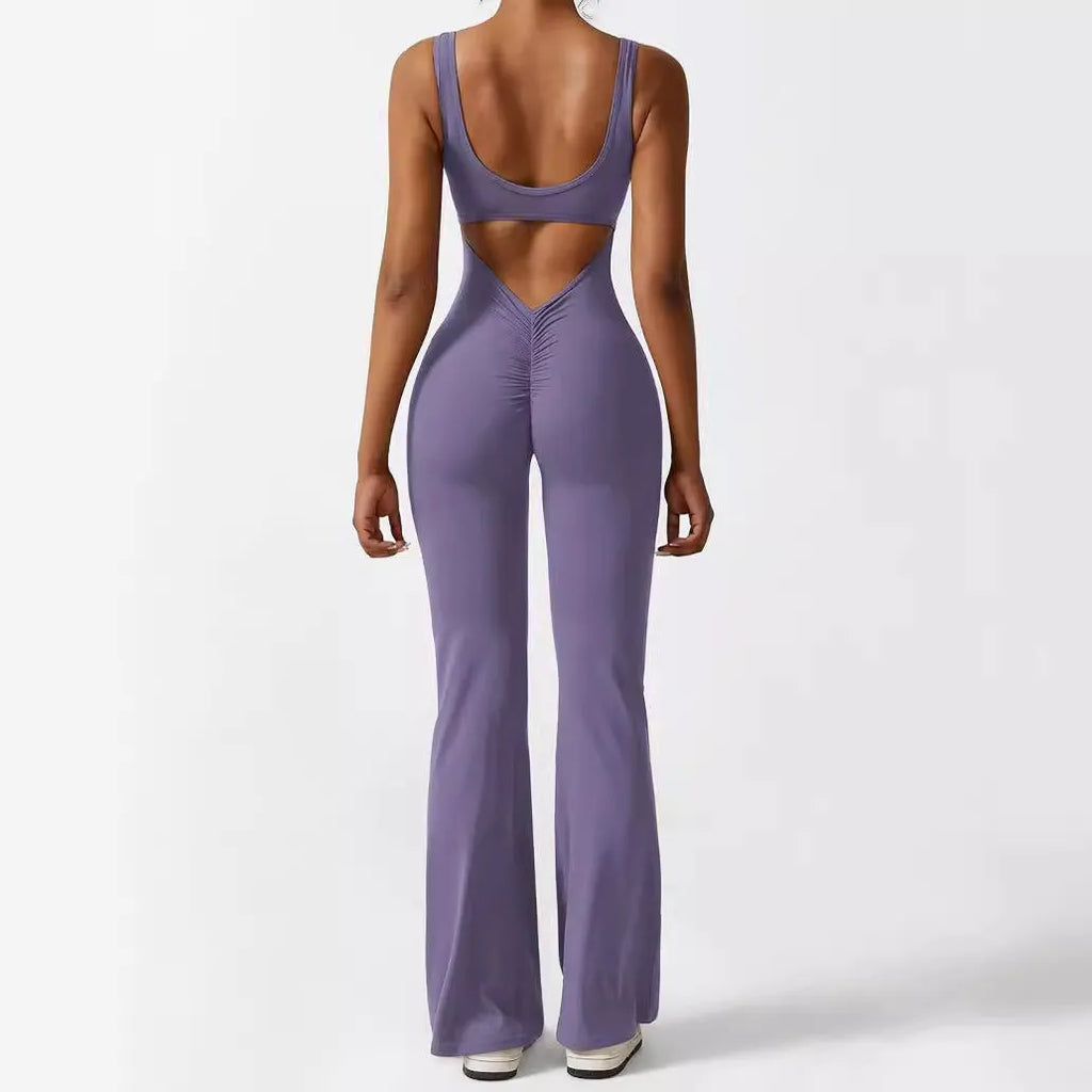 Women's sleeveless flare jumpsuit yoga pants in high-elasticity polyester