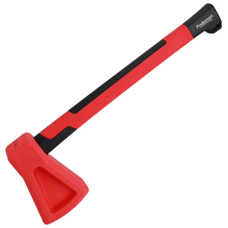 Red plastic axe-shaped muscle trainer fitness equipment on a plain background.