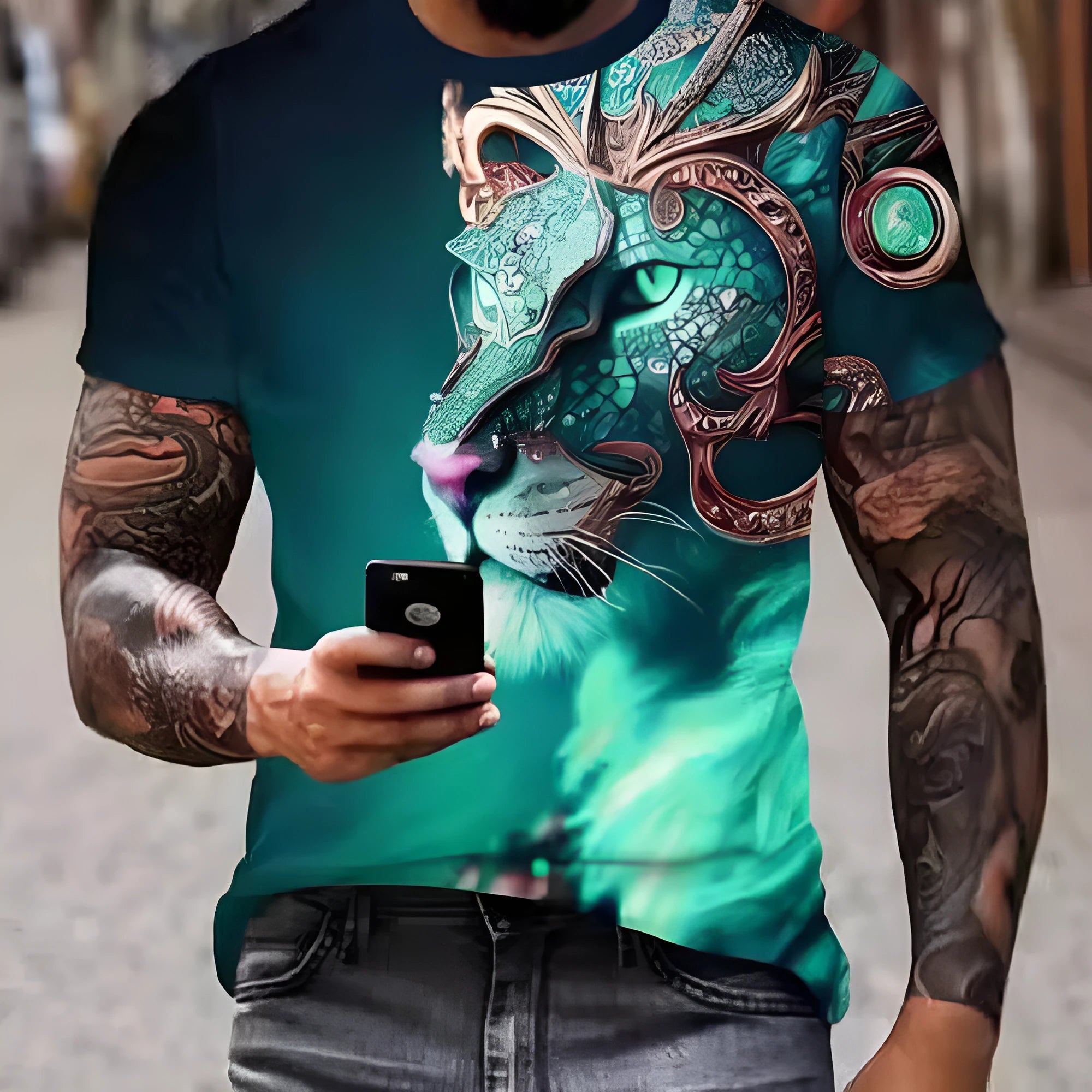 Men's black T-shirt with a large, detailed 3D lion print on the chest