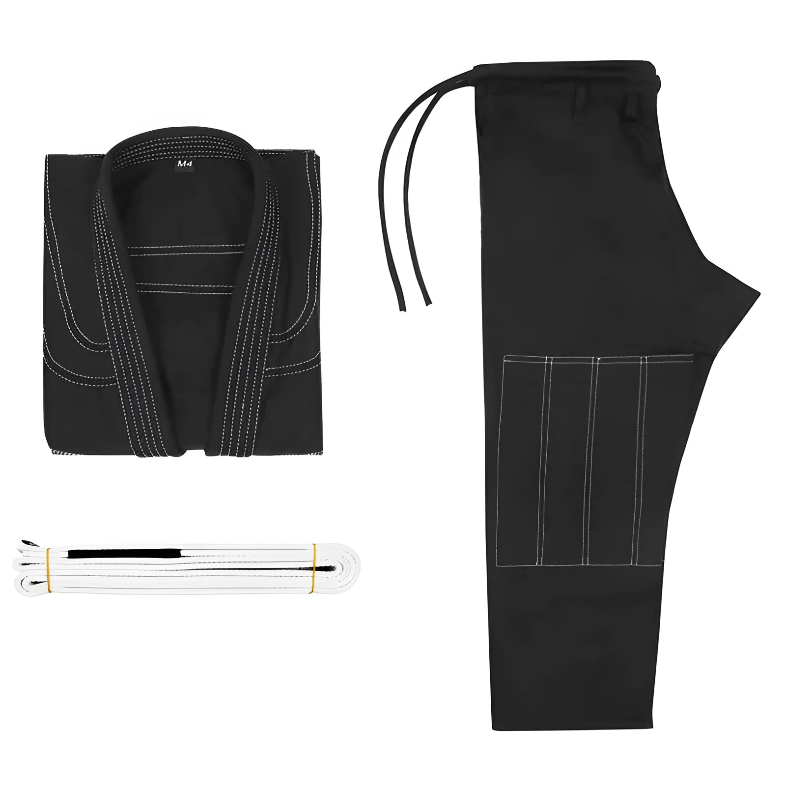Cotton blend Brazilian jiu-jitsu gi uniform on a hanger, available in black, blue, gray, rose red, and white.