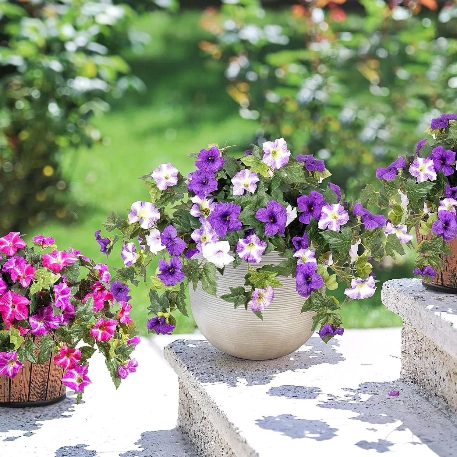 Plastic and silk artificial flower bouquet with 12 metal fork stems for outdoor garden decoration.