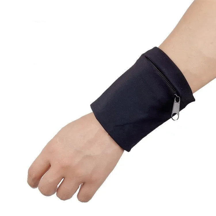 Compact black wrist bag armband sleeve for phone, shown with OPP packaging, dimensions 10cm by 10.5cm.