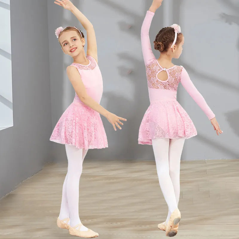 Girls ballet dancewear short sleeve Lycra cotton practice outfit with lace mesh in black pink or wine red