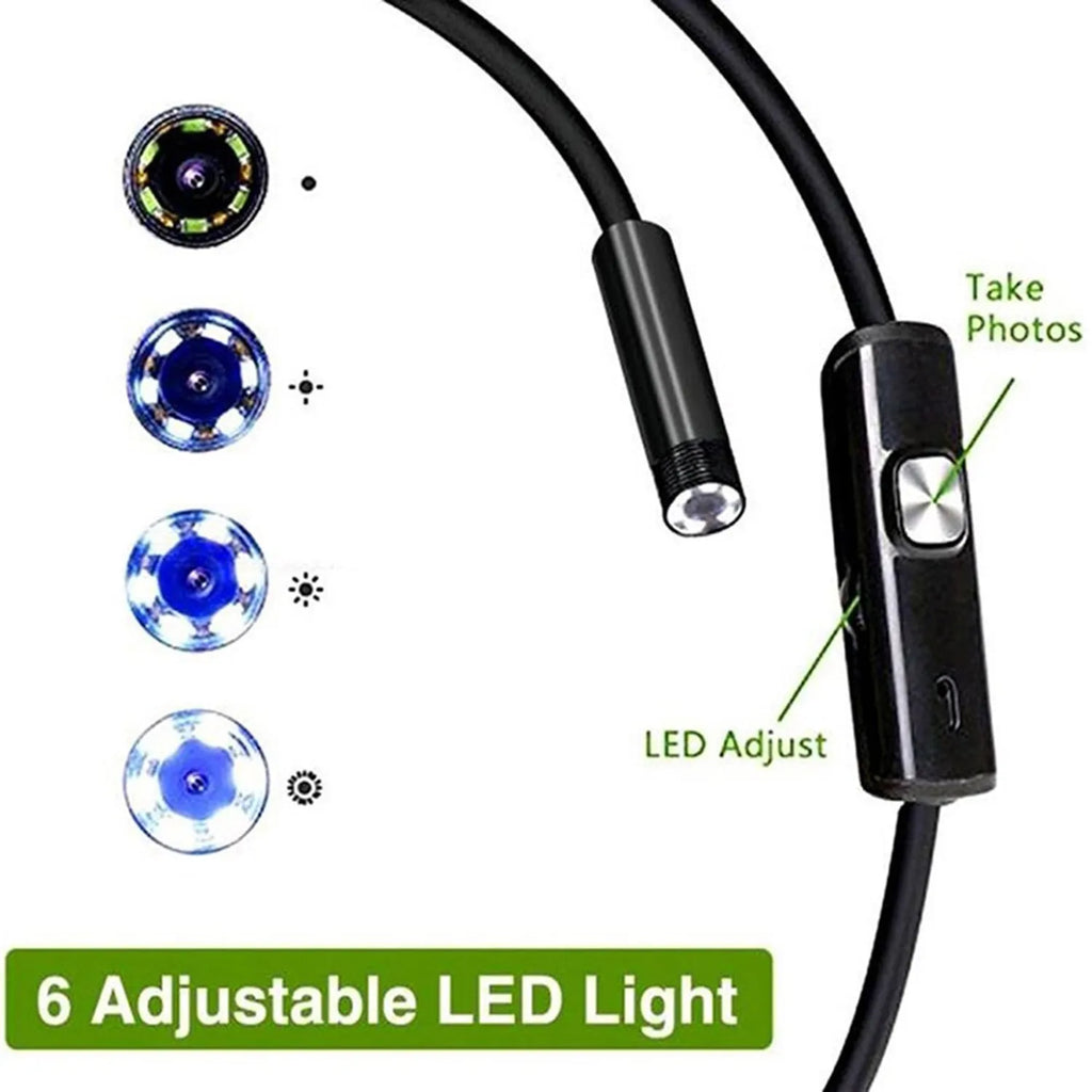 Three-in-one USB endoscope with flexible cable, HD camera, side mirror, hook, and magnet attachments on a table.