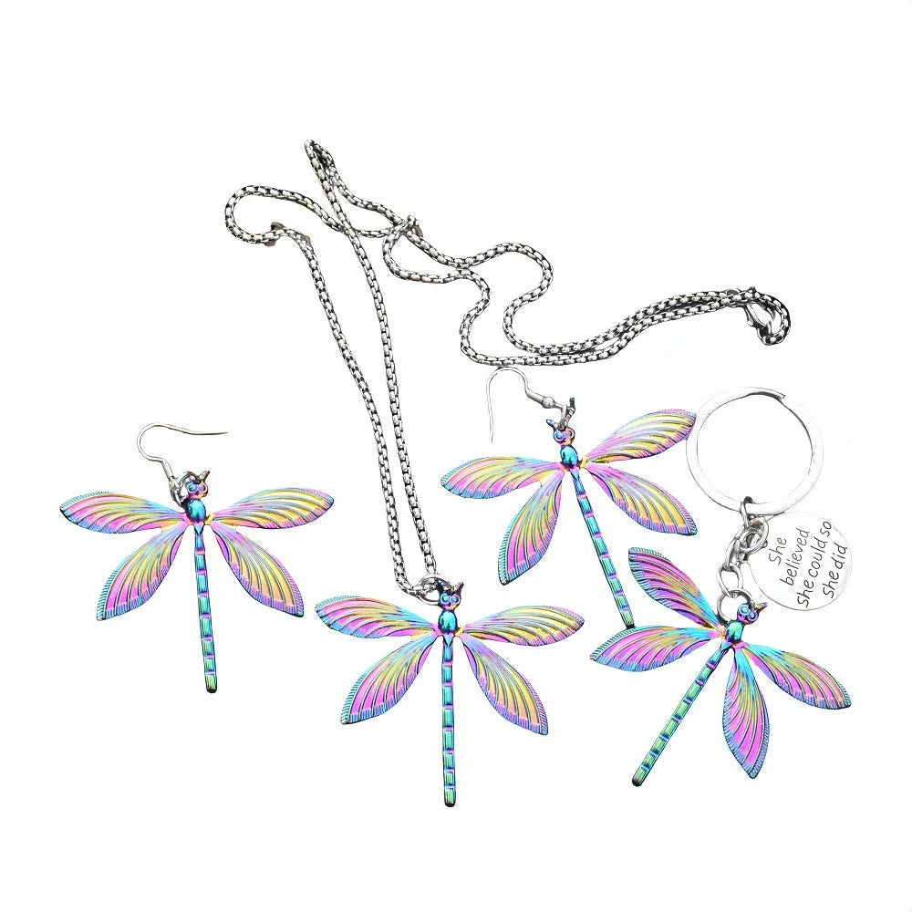 Colourful alloy rainbow dragonfly keychain with 60cm snake chain necklace and earrings set