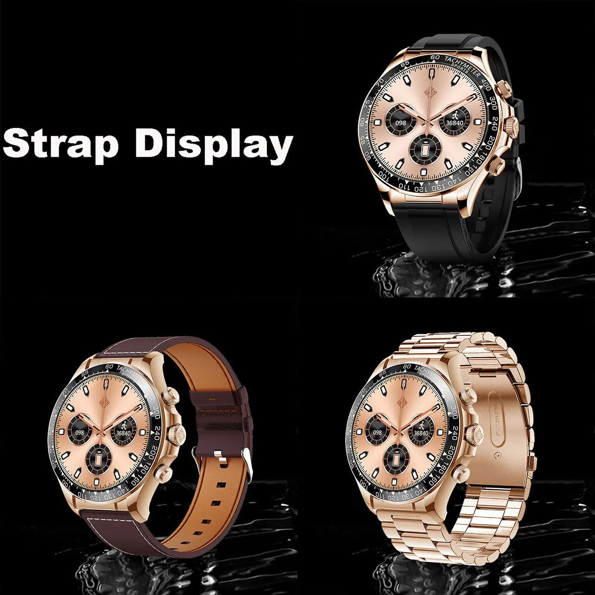 Round screen smart watch EX108 with black silicone band showing time display on IPS touch screen
