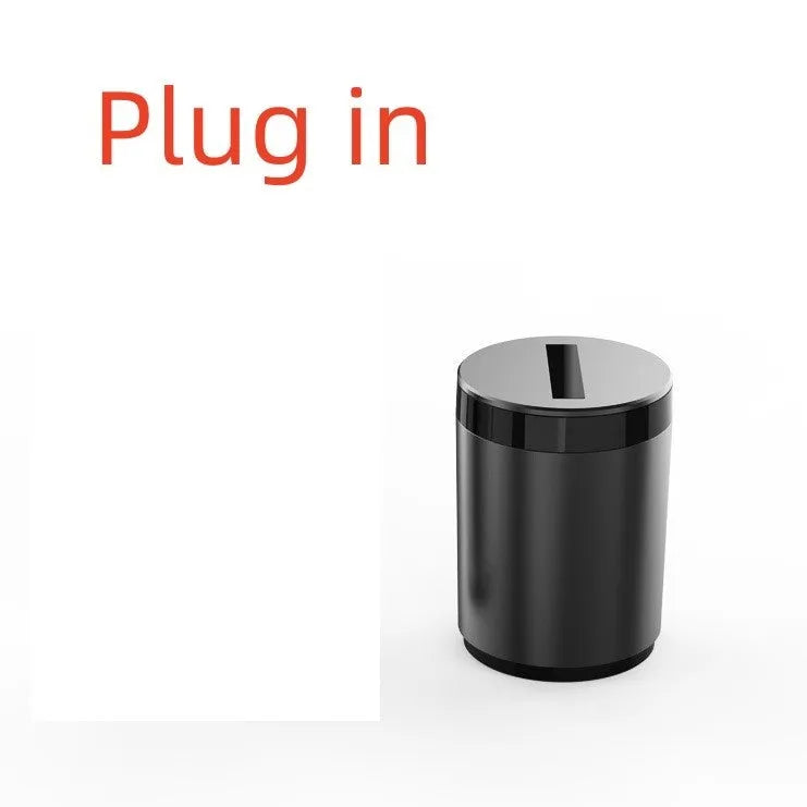 Silver aluminium automatic induction ashtray with lid open, showing compact size.