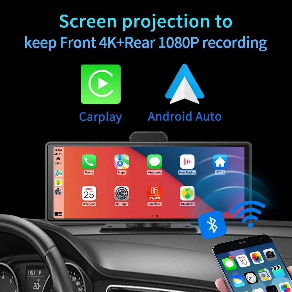12-inch touch screen car DVR on dashboard showing split-screen view of front 4K and rear 1080P camera feeds.