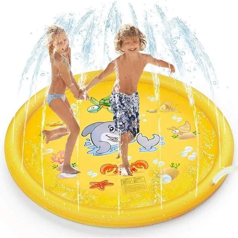 Yellow outdoor water spray mat with letter patterns for children, PVC material, 150cm or 170cm size option