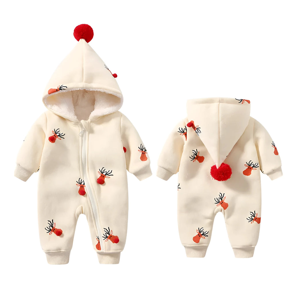 Khaki baby padded crawling suit with Christmas moose print in Korean style