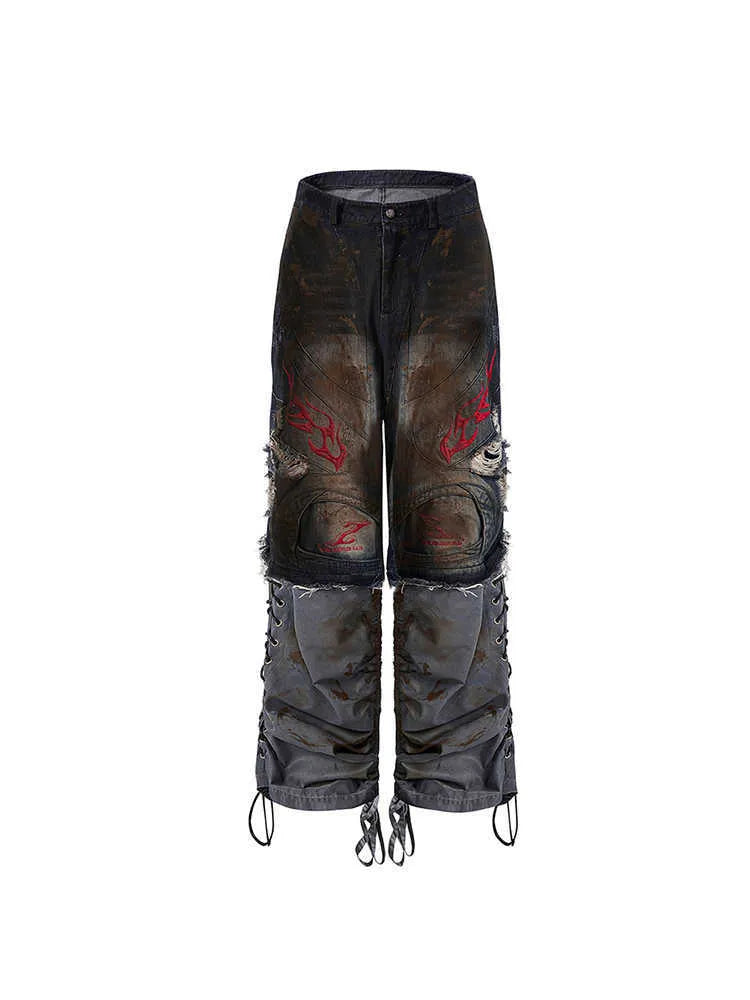 Men's light blue wide-leg jeans with detachable legs shown in a retro style.