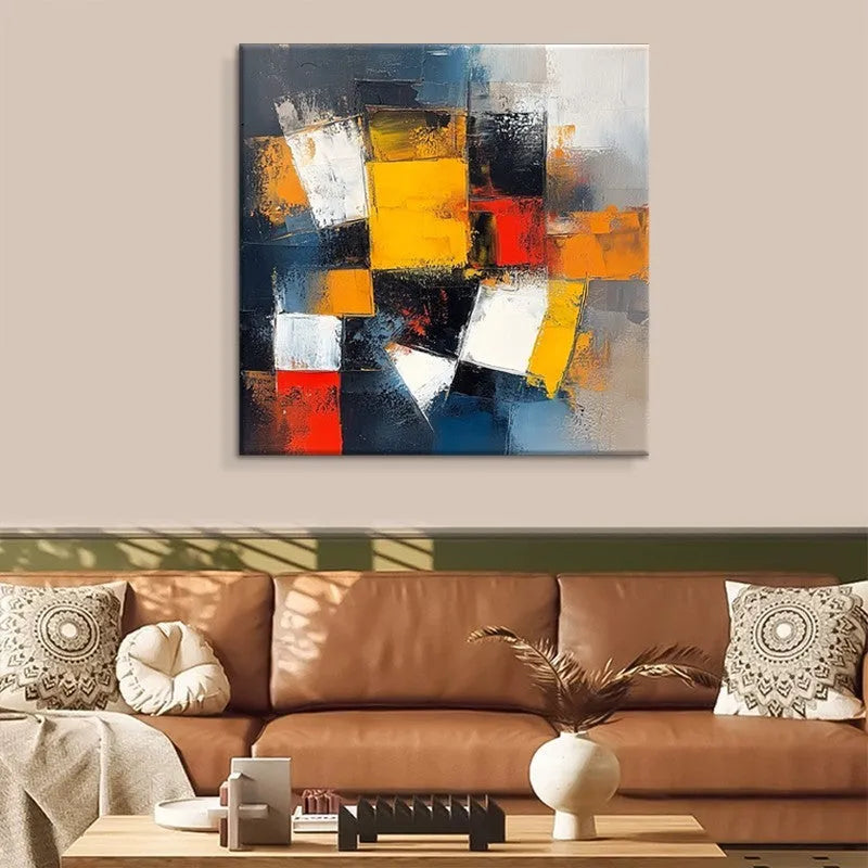 Hand-painted abstract oil painting on canvas, square unframed one-panel wall art in six sizes and two colours