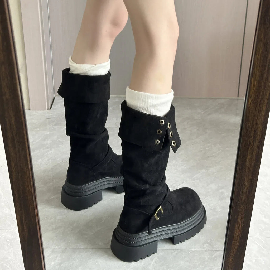 Women's retro chunky-heel knee-high boots in black with side zipper and round toe