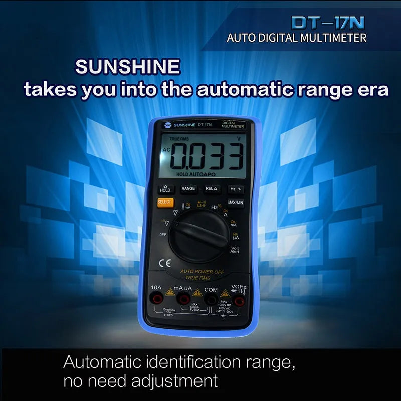 DT 17N auto ranging digital multimeter handheld professional use with test leads, test pen and 9 volt battery