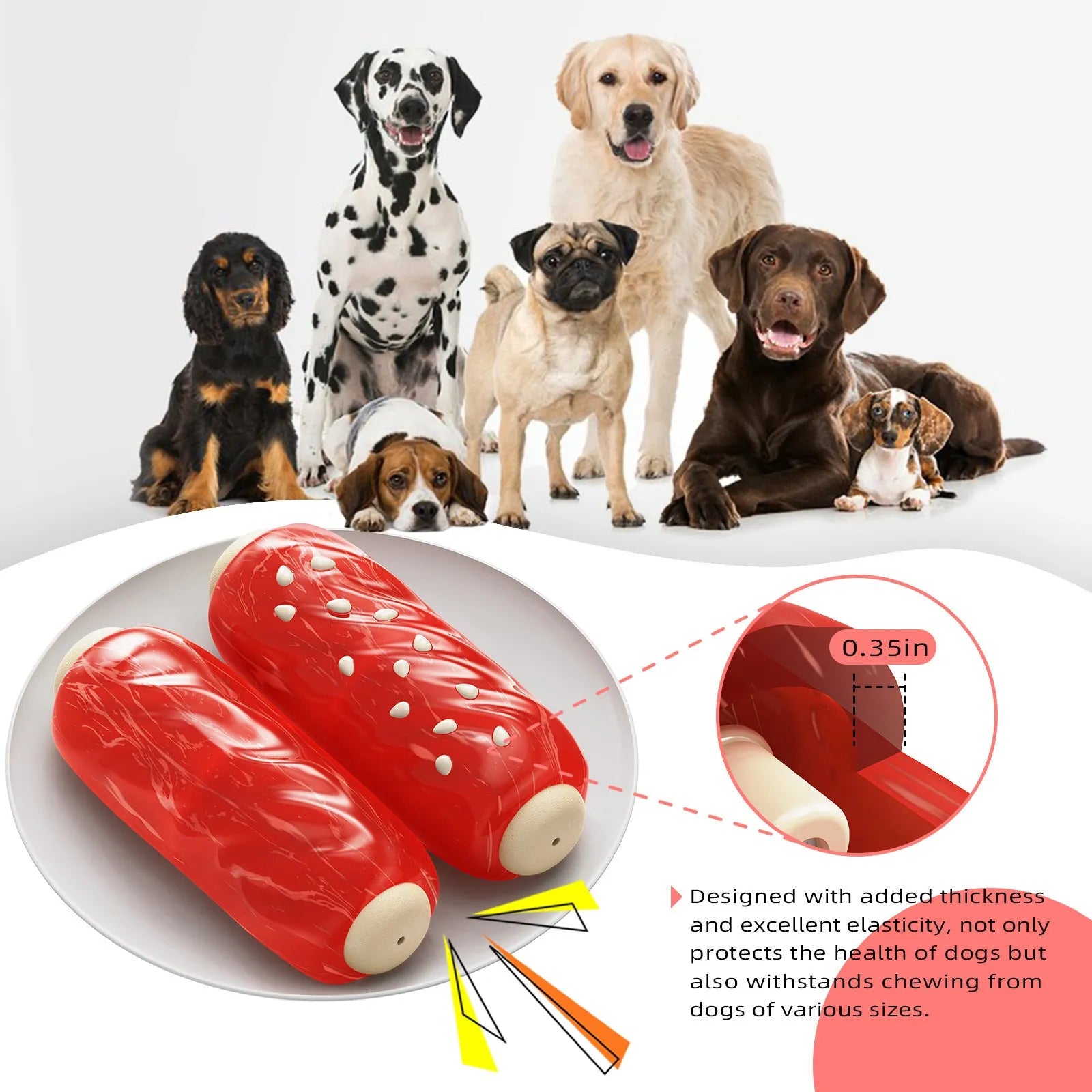 Primary coloured plastic molar rod dog chew toy with ridges and a treat cavity