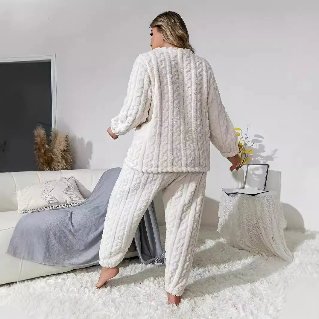 Women's Milky White polyester two-piece pyjama set with crew neck top and matching trousers